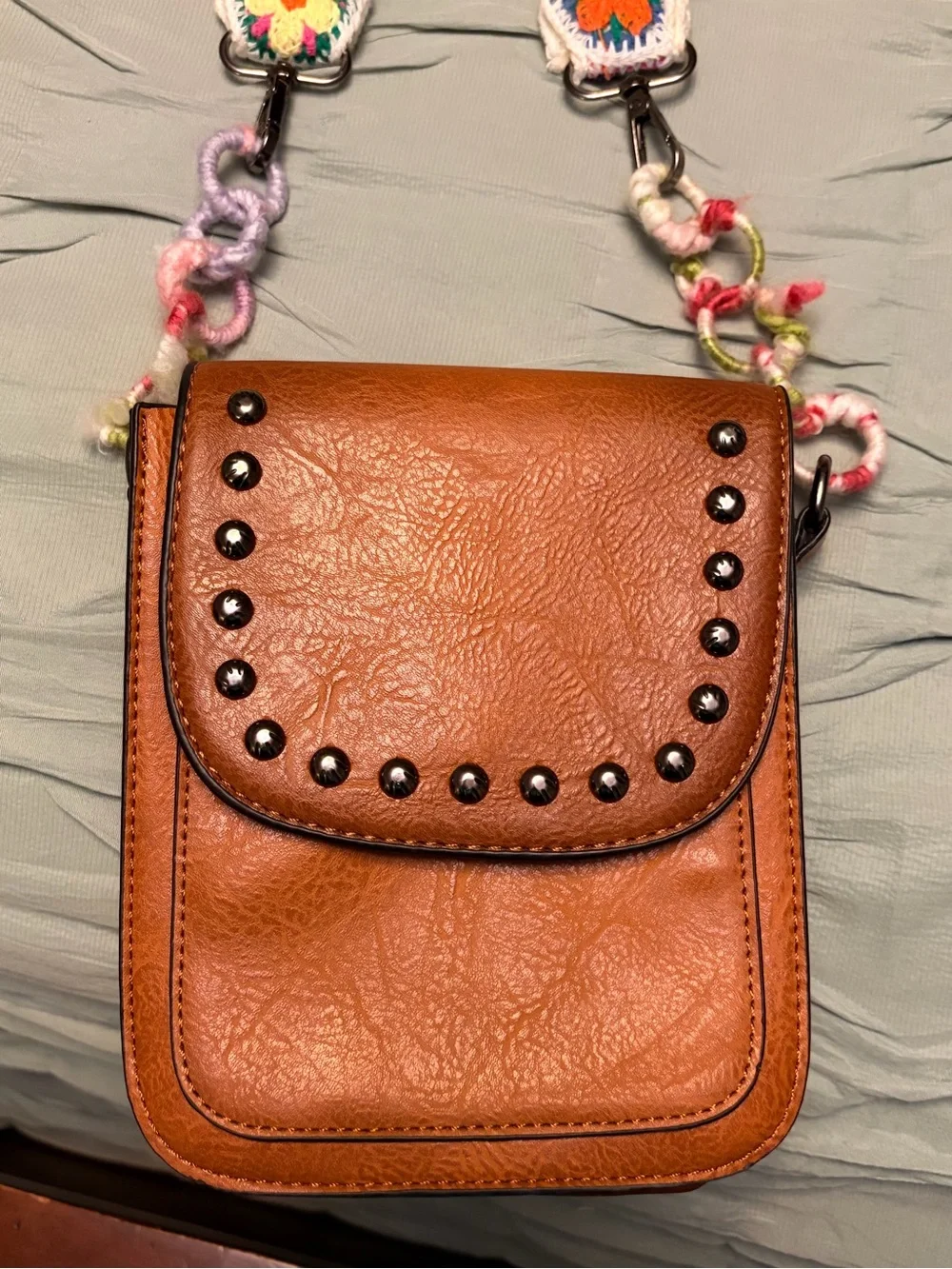 Brown Studded Crossbody Bag with Colorful Crochet Strap